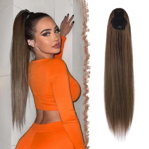Vista 9 de FESHFEN Extensiones de cola de caballo rectas, colas de caballo largas con cordón, cola de caballo sintética con clip para mujer, color negro