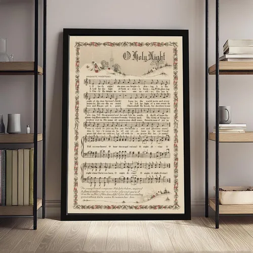 Vista 3 de YFET Póster de música y poesía con texto en inglés "O Holy Night", decoración navideña de Navidad, decoración de pared de bosque, decoración rústica