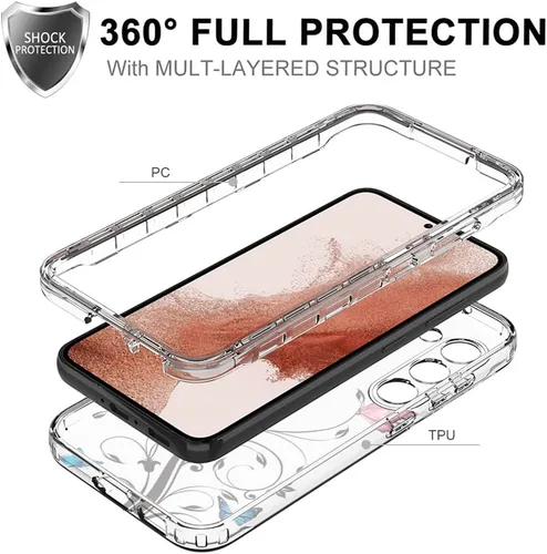 Vista 3 de Funda para Galaxy S23, Samsung S23 con protector de pantalla de vidrio templado, patrón de mariposa transparente de cuerpo completo, funda