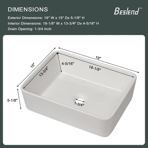 Vista 44 de Fregadero de baño de recipiente, semiempotrado, blanco y negro, 19 x 12 pulgadas, sobre encimera, fregaderos de cerámica rectangulares, encimera