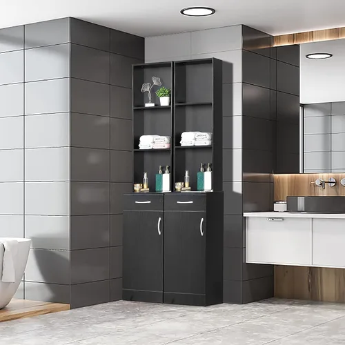 Vista 2 de BNSPLY Armario alto de baño, gabinete estrecho de lino delgado con estantes abiertos de 3 niveles y cajón, torre de lino independiente para baño