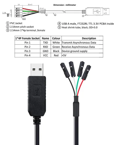 Vista 3 de DTech FTDI - Cable adaptador USB a TTL serie de 3.3 V, chip FT232RL, señal TX RX, 4 pines, toma hembra de 0.1 pulgadas, Windows 11, 10, 8, 7 XP