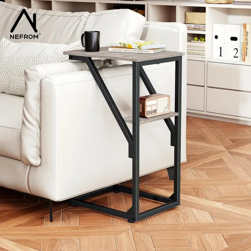 Vista 2 de Juego de 2 mesas auxiliares en forma de C, mesa auxiliar pequeña para sofá, mesa de sofá para sala de estar, dormitorio, mesita de noche ET-D-GY2