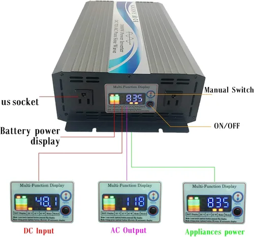 Vista 2 de Inversor de corriente de onda sinusoidal pura de 3000 W fuera de la red, 48 V CC a 110 V 120 V CA con pantalla LCD para autocaravana, camping