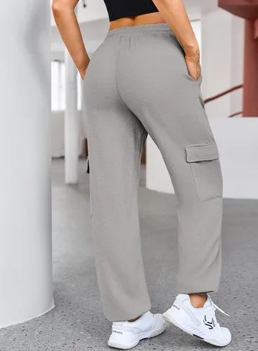 Vista 2 de Aleumdr Pantalones deportivos de punto gofre para mujer, pantalones deportivos casuales con bolsillo y cintura elástica, pantalones de descanso
