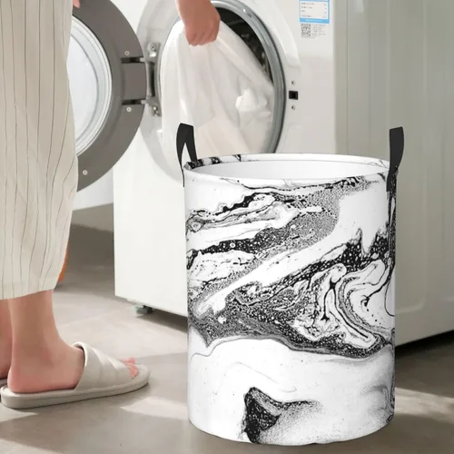 Vista 7 de Cesta de lavandería impresa de mármol blanco y negro con asa duradera, cesta organizadora circular impermeable para cuarto de baño dormitorio