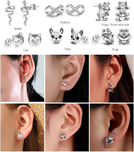 Vista 6 de Juego de 20 pares de aretes de ópalo de acero inoxidable para mujeres y niñas, animales arco iris, mariquita, abeja, mariposa, gato, serpiente