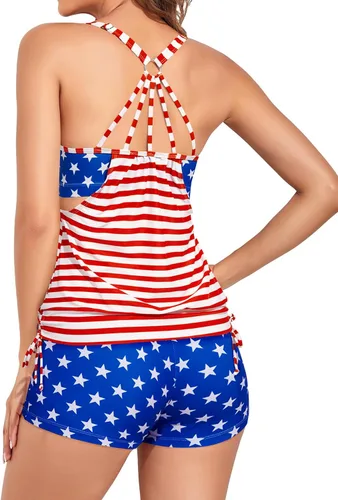 Vista 3 de Traje de baño tankini de dos piezas con control de abdomen y pantalones Bandera estadounidense