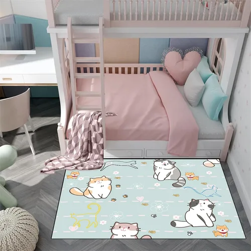 Vista 3 de Alfombra de gatos de dibujos animados para niñas, bonita decoración de habitación de niños, alfombra con temática de animales azules, alfombra ultra