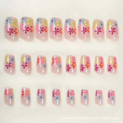 Vista 5 de Uñas postizas a presión con flores, uña corta cuadrada con diseños florales coloridos, uñas postizas de cobertura completa, uñas postizas brillantes