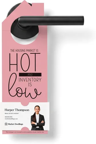 Vista 13 de Real Estate Door Hangers for Agents, The Housing Market Is Hot and Inventory Is Low, 50 Pack with Business Card Slot, 100lb Cardstock, White, Market