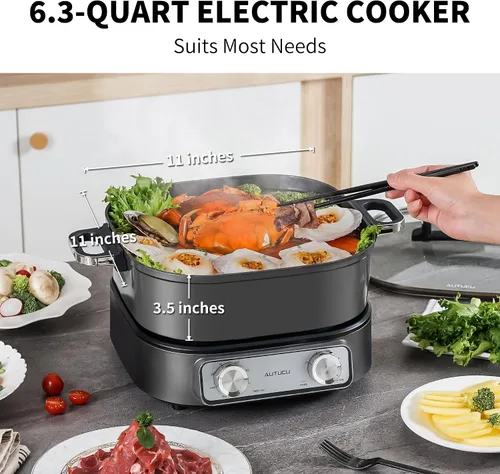 Vista 10 de Sartén eléctrica de 6 cuartos con parrilla Olla antiadherente con revestimiento cerámico libre de PFOA, 1600W, temporizador y 3 configuraciones