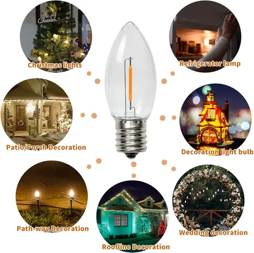 Vista 8 de Paquete de 50 bombillas LED C9 de Navidad, bombilla LED C9 de repuesto para cadena de luces de Navidad, base intermedia E17, 2200 K blanco cálido