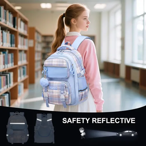 Vista 7 de WYCY - Mochila escolar para niñas Perfecta para niños y adolescentes Mochila kawaii con compartimento para portátil, Tartán azul, Grande, Classic