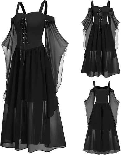Vista 6 de pbnbp Trajes de Halloween para mujer y niña manga corta cuello sabrina vestido medieval corsé irlandés disfraz renacentista