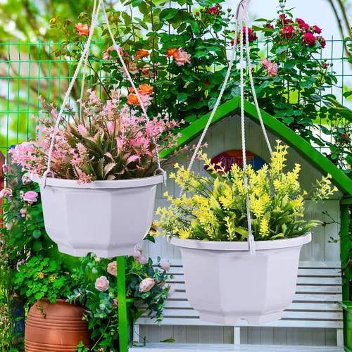 Vista 8 de 8-Inch Hanging Planters Octagonal Plastic Flower Pots with Hook, 10pcs Indoor Hanging Plant Baskets for Balcony and Garden, White Gardening