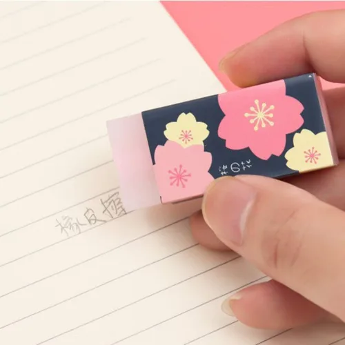Vista 4 de 3 piezas de borradores de goma de flores de cerezo rosa de Sakura pétalo boceto de pintura lápiz herramienta de corrección escuela oficina papelería