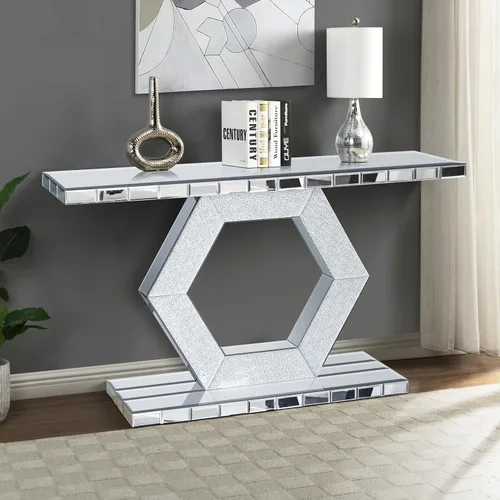 Vista 11 de Moderna mesa de consola plateada con espejo con 2 cajones de almacenamiento, escritorio rectangular de tocador, mesa de tocador de maquillaje