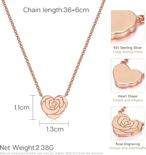 Vista 5 de LOUISA SECRET Rose Heart Pendant Necklace for Women Girls, 925 Sterling Silver Dainty Cute Rose Necklace, Birthday Anniversary Jewelry Gift for