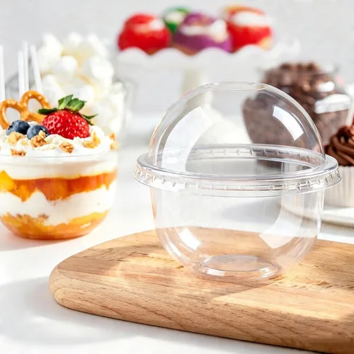 Vista 6 de Zezzxu Paquete de 50 Vasos de Postre de Plástico de 9 oz con Tapas de Cúpula (Sin Agujero) y Sporks, Vasos de Frutas Desechables Transparentes