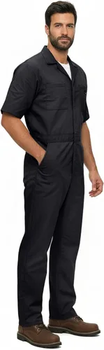 Vista 3 de Natural Uniforms Overol de manga corta con cremallera para hombre, resistente a las manchas y a las arrugas (negro, talla XS)