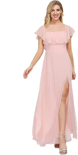 Vista 4 de Vestido largo de fiesta con hombros descubiertos y volantes para mujer