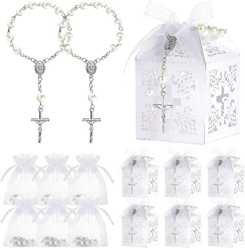 Vista 9 de Juego de 50 paquetes de recuerdos de bautismo, cuentas de rosario de bautismo acrílicas, perlas falsas con bolsas de organza, recuerdo de boda