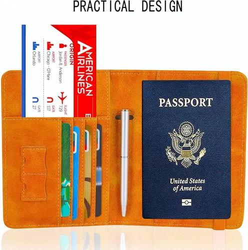 Vista 6 de Caweet Funda de pasaporte RFID bloqueo de viaje cartera de cuero pasaporte con banda elástica, Marrón, Classic
