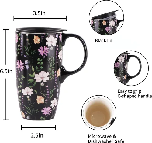 Vista 9 de Taza de café de cerámica de 17 onzas con tapa y asa, taza de viaje floral púrpura, apta para microondas y lavavajillas, taza de café grande con caja
