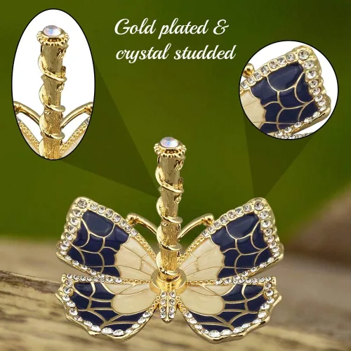 Vista 5 de Matashi Organizador de joyas de mariposa chapado en oro con esmalte azul y cristales, elegante soporte para anillos, regalo ideal para ella