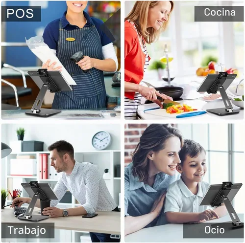 Vista 2 de Soporte para tablet ajustable y plegable, soporte giratorio de aluminio pesado de 360° para escritorio, compatible con iPad Pro/Air/Mini, Galaxy