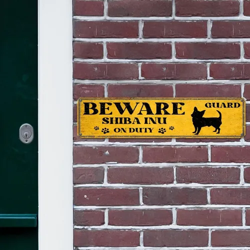 Vista 5 de Beware of Dog Metal Sign Beware Shiba Inu On Duty Metal Sign Customized Warning Dog Sign Funny Security Sign Vintage Rustic Wall Art Novelty Wall