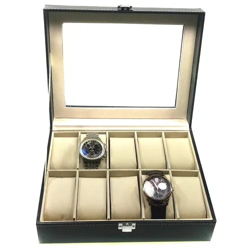 Vista 4 de Organizador de almacenamiento de joyería de la caja de exhibición del reloj de la rejilla de cuero de la PU 10, negro - SciencePurchase