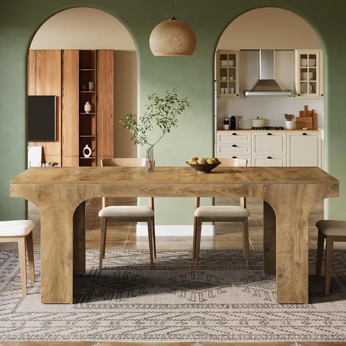 Vista 9 de Tribesigns Mesa de comedor grande de 71 pulgadas para 6-8, mesa de cocina de madera de granja con diseño arqueado, mueble rectangular de comedor