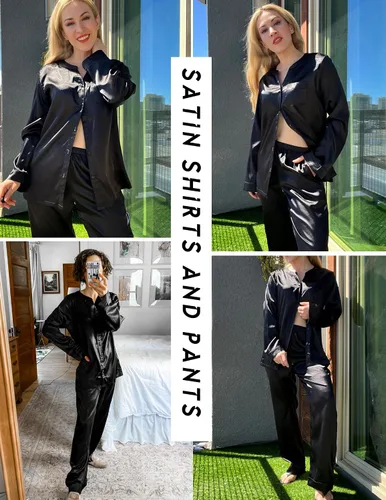 Vista 2 de Ekouaer Conjunto de pijama de satén para mujer, ropa de dormir de manga larga con botones y bolsillos
