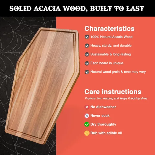 Vista 3 de Tabla de charcutería grande con forma de ataúd - Tabla de cortar de madera de acacia gótica con forma de ataúd 17x10.5 pulgadas, bandeja de servir