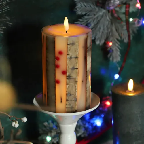 Vista 7 de Velas de abedul real sin llama incrustadas con bayas rojas, velas de Navidad sin llama con control remoto, velas tipo pilar que funcionan
