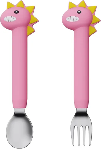 Vista 9 de Juego de tenedores y cucharas para bebé, utensilios de entrenamiento para bebés, cubiertos de silicona y acero inoxidable para niños y niños