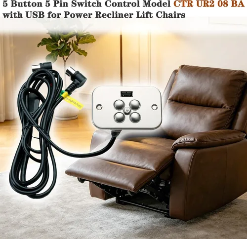 Vista 4 de Silla reclinable eléctrica Raffel Systems 5 botones 5 Pin Control de mano Modelo CTR UR2 08 BA Reemplazo con USB