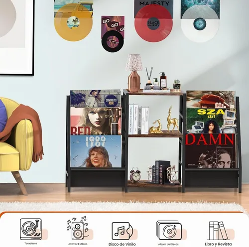 Vista 4 de Soporte para tocadiscos, almacenamiento de discos de vinilo con 6 niveles hasta 280 discos de CD, estante de exhibición para sala de estar Negro