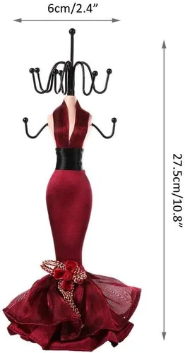 Vista 9 de Soporte de joyería, 4 piezas con colgante, collar, aretes, pulsera, anillo, zapatos, vestido, joyería, modelo, soporte de exhibición (rojo vino)