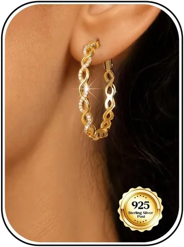 Vista 7 de Aretes de aro grandes de plata de ley 925 para mujer, 0.787/1.181/1.575 Circonita trenzada dorada