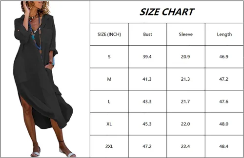Vista 7 de utcoco Vestido largo casual de lino y algodón para mujer, con solapa, botones, manga con puños, abertura lateral, con bolsillos