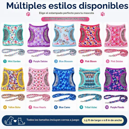 Vista 6 de Arnés para perro con correa, arnés reflectante para todo clima, sin tirones, con patrón floral, acolchado, malla para gatos, cachorros, perros