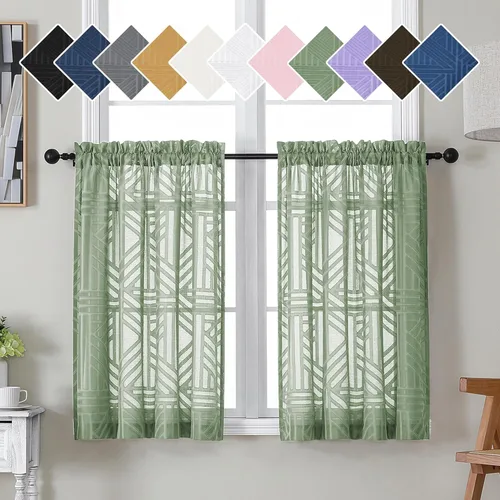 Vista 18 de Simplebrand Cortinas traslúcidas negras de cocina de 24 pulgadas de largo, 2 paneles, filtrado de luz, geométrico jacquard con textura, cortinas