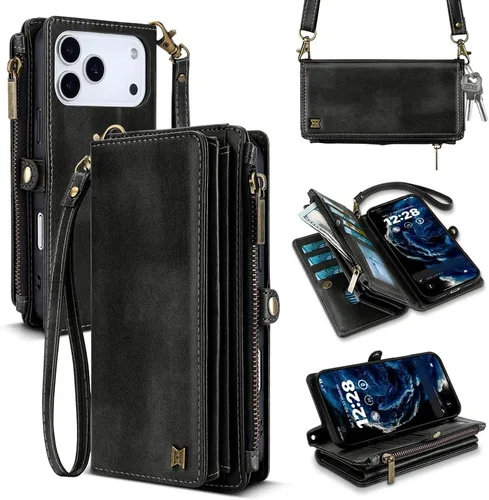 Vista 36 de Funda tipo cartera para iPhone 16 Pro Max con 8 tarjeteros, bloqueo RFID, piel sintética, función atril, abatible, correa de muñeca y correa