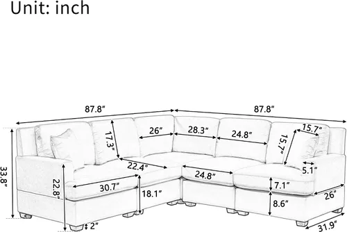 Vista 2 de Sofá modular modular de 88 pulgadas en forma de L para sala de estar, sofá esquinero moderno de 5 asientos con 2 cojines para apartamento, oficina