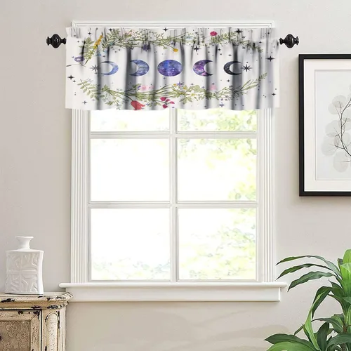 Vista 5 de Cortinas con cenefa floral de luna para ventanas de cocina, fase de flores silvestres, jardín, bohemio, primavera, naturaleza, cortina de ventana