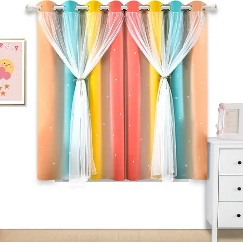 Vista 16 de Cortinas Opacas con Corte de Estrella Arcoíris para Dormitorio de Niñas - Doble Capa con Ojales Superiores para Sala de Estar, 2 Paneles