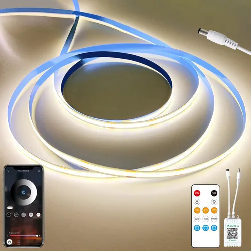 Vista 9 de Tira de luces LED COB de 16.4 pies, 6000K Blanco, regulable, CC de 24 V, cinta LED flexible para dormitorio, con control remoto y aplicación, tira